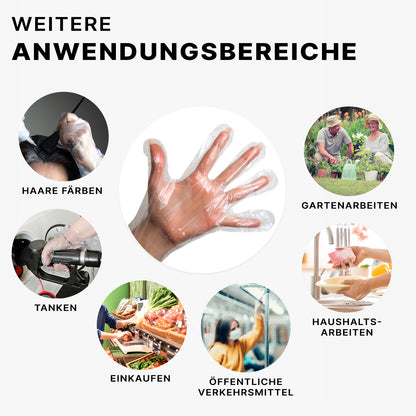 Ein Diagramm mit dem Titel "Weitere Anwendungsbereiche" zeigt eine behandschuhte Hand - passend zu ARNOMED POLYGLOVE BOX Einmalhandschuhe von ARNOWA GmbH-umgegeben von Icons für Haare färben, Gartenarbeit, Tanken, Haushalt, Einkaufen und ÖPNV. Ideal aus der Spenderbox.