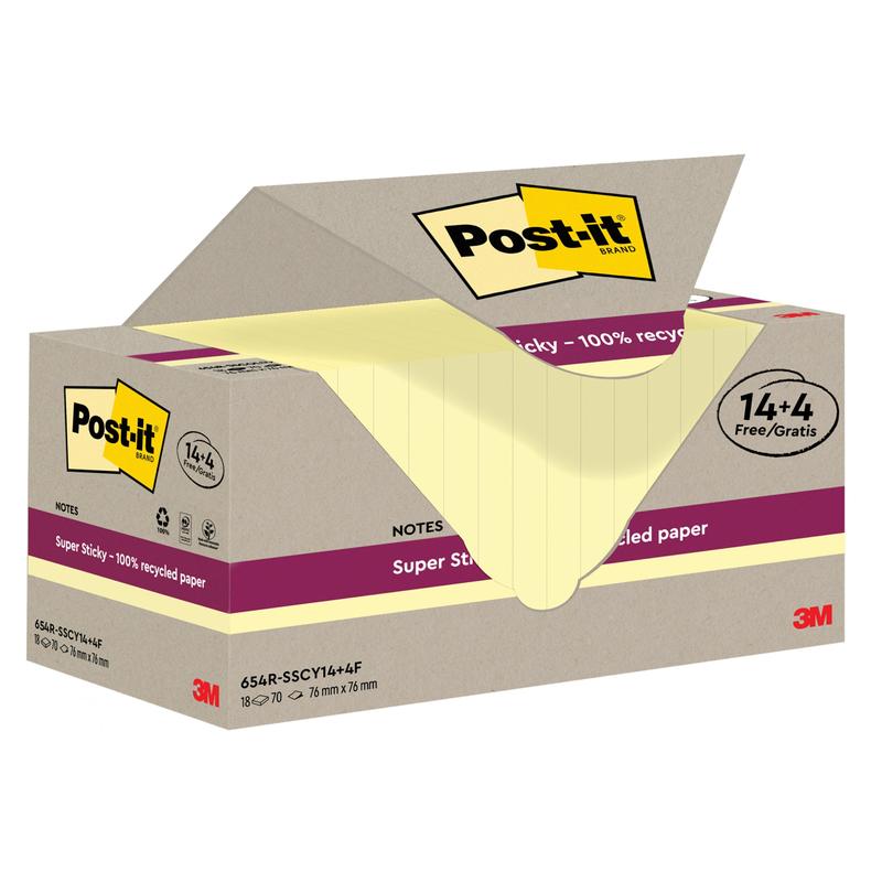 A box of Post-it® Super Sticky 100% Recycling Notes by 3M Deutschland GmbH contains 18 blocks (76x76 mm, 70 sheets each) with a 14+4 free offer. Made from PEFC-certified recycled paper. The box shows yellow notes inside.
