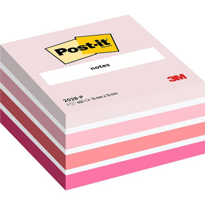 A stack of 3M Post-it® Notes cube, 76 x 76 mm, 450 sheets per block, in shades of pink with the 3M logo and "notes" on the top; manufactured by 3M Deutschland GmbH, 100% PEFC certified.
