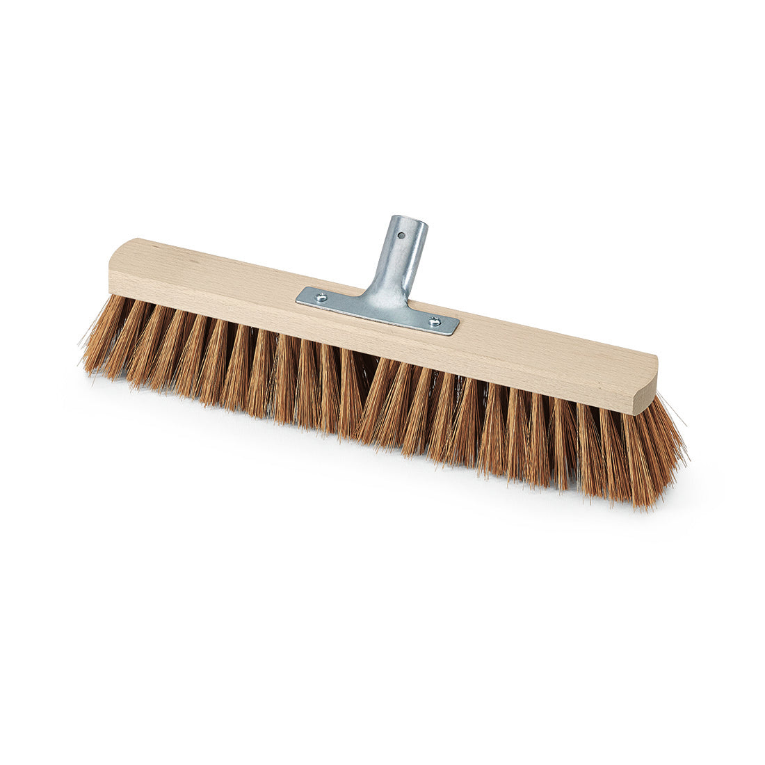 Der Nölle Profi Brush Saalbesen Poly-Kokos mit Metallstielhalter von Nölle Profi Brush Bürsten- & Pinseltechnik e.K. hat steife braune Borsten, einen Holzblock und einen Metallstielhalter, abgebildet auf weißem Hintergrund.