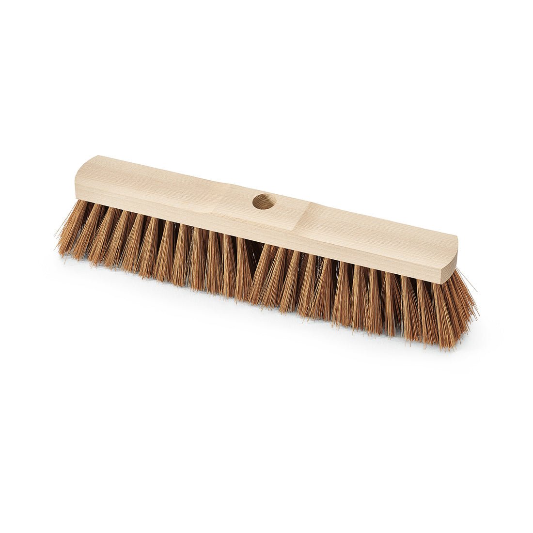 The Nölle Profi Brush hall broom Poly-Coconut saddle wood with handle hole from Nölle Profi Brush Brush & Paint Technology e.K. has dense brown poly-coconut bristles and a central handle hole, depicted on a white base.