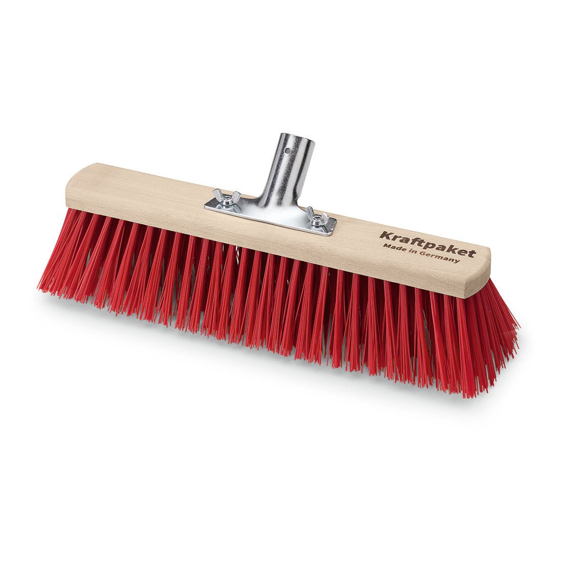 The Nölle Profi Pinsel Saalbesen Elaston 40 cm with metal handle holder has red synthetic bristles, a wooden block with the inscription "Powerhouse Made in Germany" and a metal handle holder. Brand: Nölle Profi Pinsel Bürsten- & Pinseltechnik e.K.