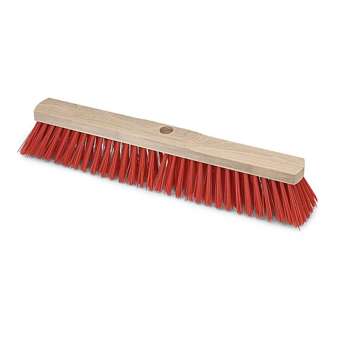The Nölle Profi Brush hall broom Elaston saddle wood with handle hole broom head from Nölle Profi Brush Brush & Paint Technology e.K. has red Elaston bristles and is suitable for indoor and outdoor use, here without handle on white background.