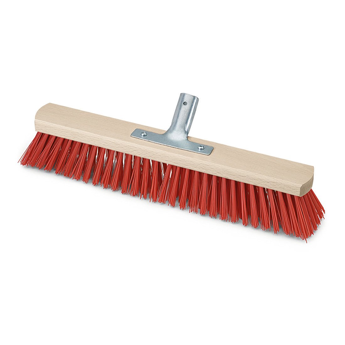 The Nölle Profi Brush hall broom Elaston with metal handle holder from Nölle Profi Brush Bürsten- & Pinseltechnik e.K. features stiff red bristles, a wooden block, and a metal handle holder; handle not included.