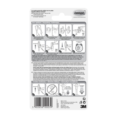 Die Rückseite eines Command™ Small Designer-Hakens, 17082 Packung von 3M Deutschland GmbH zeigt französische und deutsche Anweisungen für rückstandsfreies Aufhängen ohne Bohren, Produktdetails, Barcode und das 3M Logo am unteren Rand.