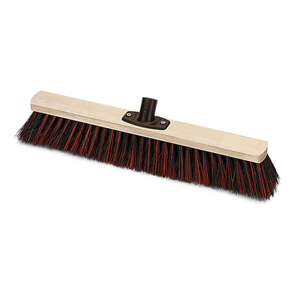 The Nölle Profi Brush Power Stick Hall Broom Arenga/Elaston by Nölle Profi Brush Brush & Paint Technology e.K. is shown in the side view with a wooden handle holder and black-red bristles. Handle not attached - ideal for cleaning large areas.