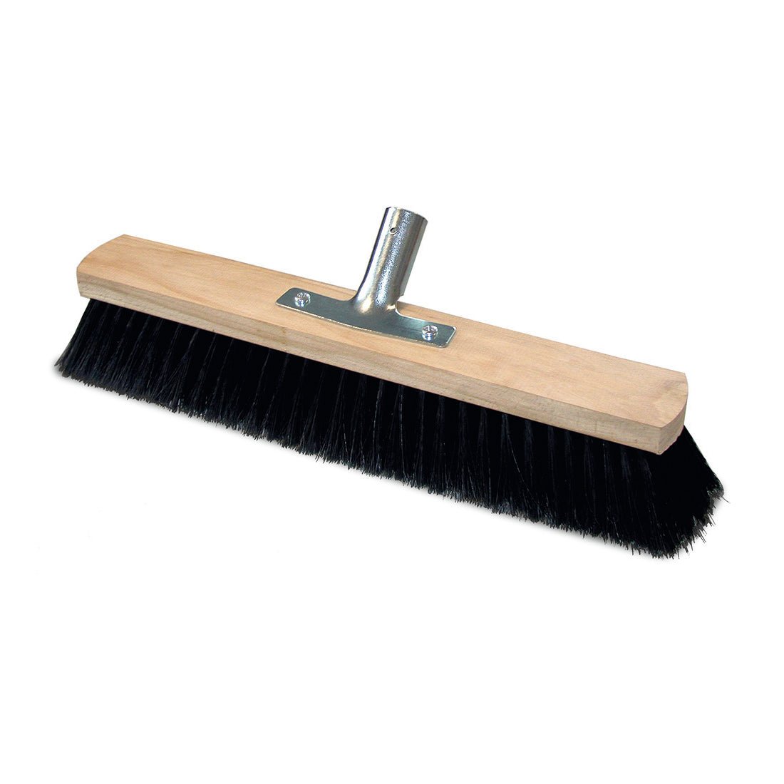 The Nölle Profi Brush hall broom quality mix with metal handle holder from Nölle Profi Brush Bürsten- & Pinseltechnik e.K. features a wooden block, black bristles, and a metal handle holder for easy attachment.