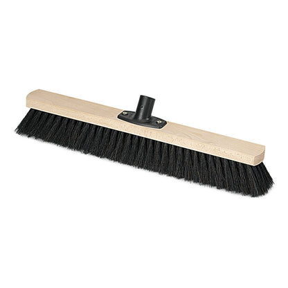 The Nölle Profi Brush Power Stick Natural-Bristle Floor Broom from Nölle Profi Brush Bürsten- & Pinseltechnik e.K. features a wooden handle, black natural bristles, and a black plastic base—ideal for professional cleaning. Shown on a white background.