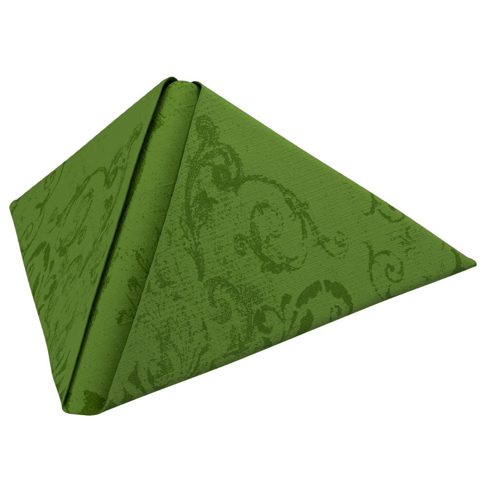 This Dunilin® napkin, made by Duni GmbH, measures 40 x 40 cm, is elegantly folded into a pyramid shape, and features an opulent design with an artistic, swirling pattern.