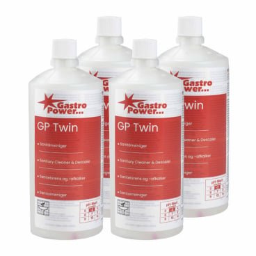 Four clear 325 ml bottles of Abena Re-Seller GmbH GastroPower GP Twin Sanitary Cleaner (1999915027), 4-pack, are arranged against a white background - ideal for professional commercial cleaning.