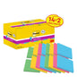 A yellow box with Post-it® Super Sticky Z-Notes (3M Deutschland GmbH), 76x76 mm, 14 pads + 2 free, shows blue, pink, yellow, and green sticky notes; 100% PEFC certified (SGSCH-PEFC-COC-110078), 90 sheets/block.