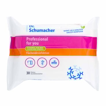 A 30-pack of Dr. Schumacher GmbH Professional for you surface disinfection wipes in white, pink, and orange for residue-free cleaning of surfaces, with cleaning symbols on the packaging.