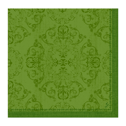 A Dunilin® napkin by Duni GmbH in the size 40 x 40 cm in green with an artistic floral and scroll pattern. The symmetrical design is characterized by intricate details, while the edge features a repeating geometric motif, embodying an opulent design.