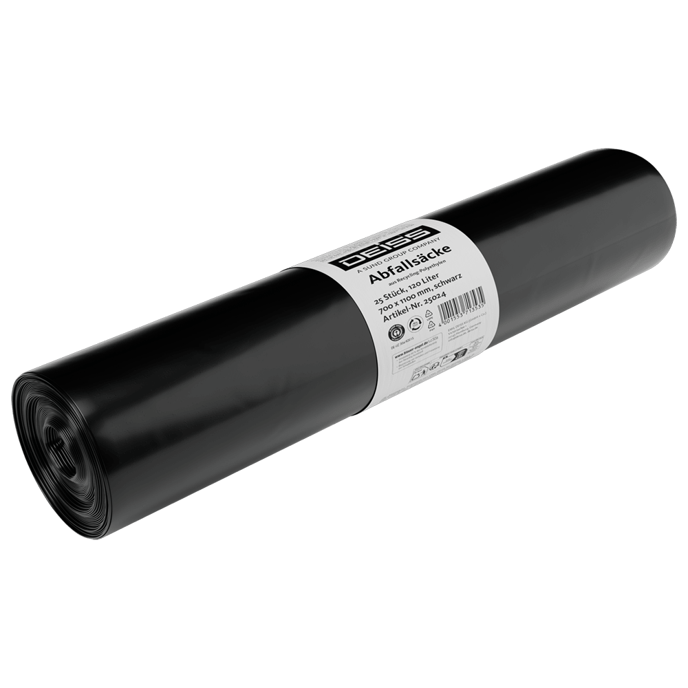 Die DEISS 25024 Müllsäcke (700x1100 mm, Typ 60, schwarz, 25 Stück/Rolle) von EMIL DEISS KG (GmbH + Co.) mit weißem Etikett und Entsorgungssymbolen - ideal als reißfeste Abfallbeutel auf weißem Hintergrund.