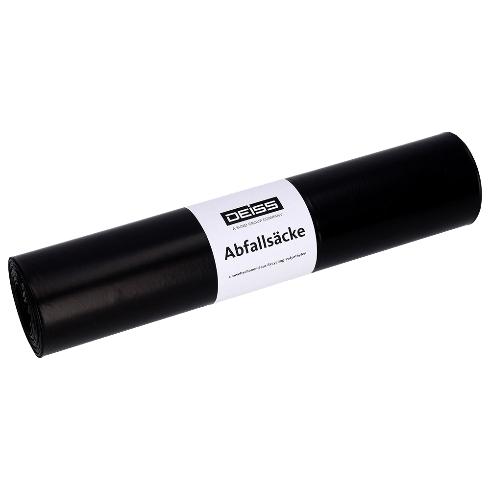 Eine Rolle EMIL DEISS KG (GmbH + Co.) DEISS 25770 Müllsäcke (575x1000 mm, Typ 60, schwarz, 25 Stück) mit weißem Mitteletikett erscheint auf einfarbigem hellem Hintergrund.