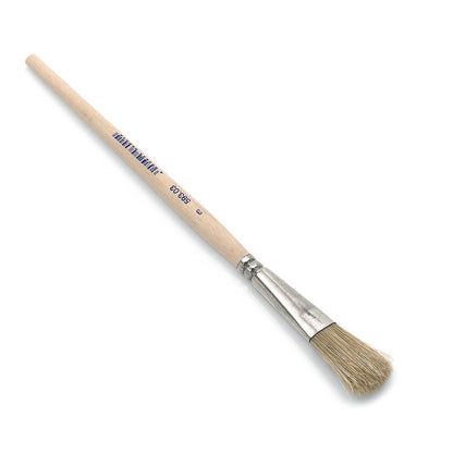 The Nölle Profi Brush enamel paintbrush extra full from Nölle Profi Brush Bürsten- & Pinseltechnik e.K. features natural bristles, a metal ferrule, a light wooden handle with blue print, and a slightly fanned paintbrush tip.