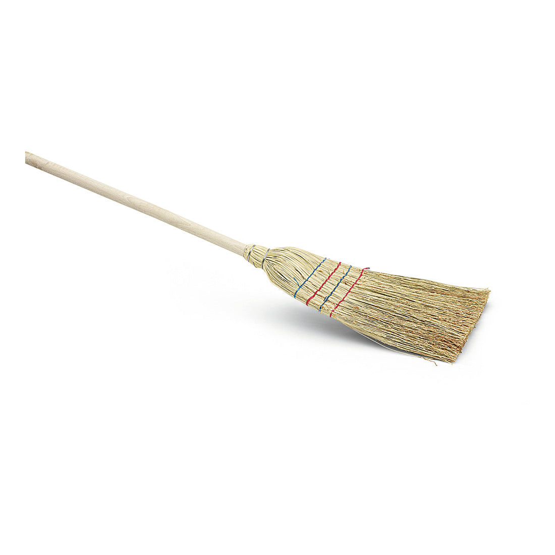 Der Nölle Profi Brush Reisstrohbesen 130 cm, 4-Naht von Nölle Profi Brush Bürsten- & Pinseltechnik e.K. verfügt über Naturborsten und einen stabilen Holzstiel, ideal für effizientes Kehren, isoliert auf weißem Hintergrund dargestellt.