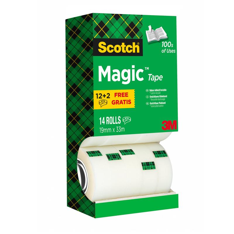 A green box of Scotch® Magic™ Invisible Tape from 3M (Value Pack: 14 rolls, 19 mm x 33 m, 1 piece), marked with "12+2 free". The use of the tape is shown; four rolls are partially visible through an opening.