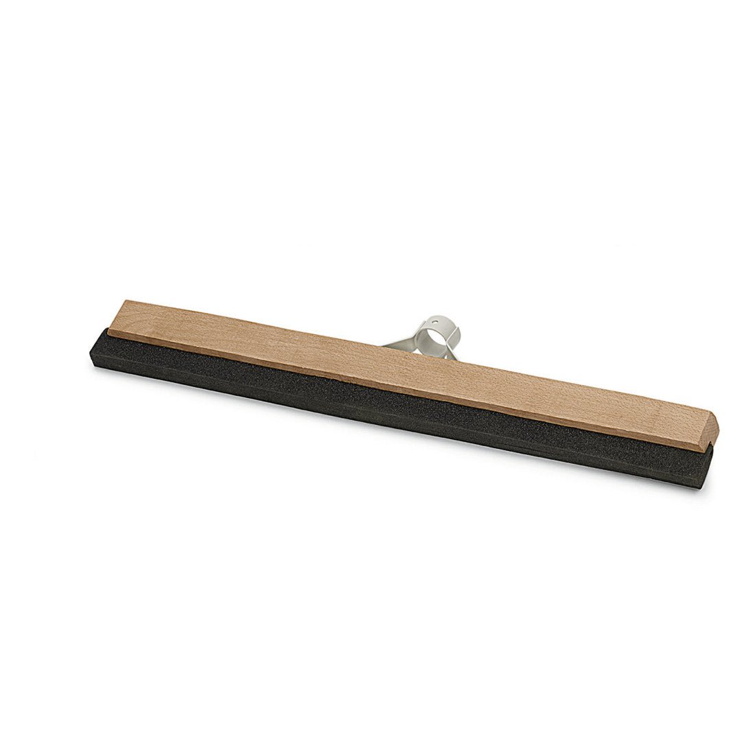 The Nölle Profi Brush water squeegee wood with metal handle holder from Nölle Profi Brush Bürsten- & Pinseltechnik e.K. is characterized by a wide black rubber blade, a sturdy metal handle holder, and a wooden body, depicted against a white background.