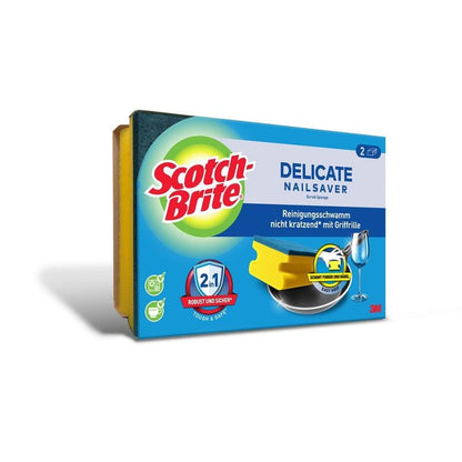 A box of Scotch-Brite® Delicate Non-Scratch Handle Sponge from 3M Germany GmbH, in blue and green packaging with product images. Each yellow sponge has a handle image, ideal for delicate surfaces.