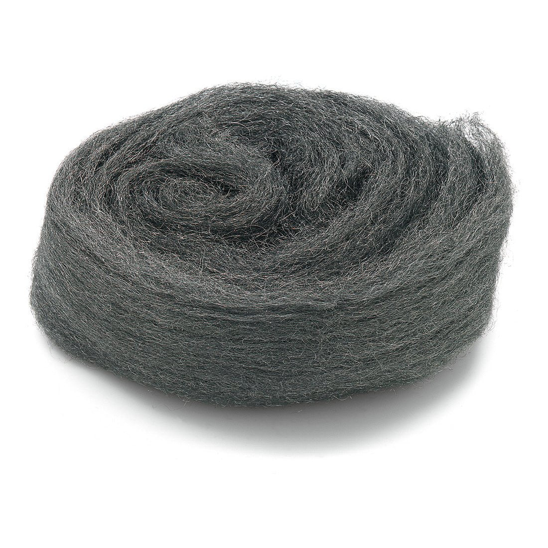 A rolled bundle of Nölle Profi Brush steel wool from Nölle Profi Brush Bürsten- & Pinseltechnik e.K. rests on a white background, showcasing the fine, fibrous structure that is ideal for sanding and polishing various surfaces.