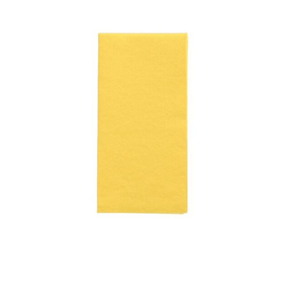 Eine einzelne, sauber gefaltete, rechteckige gelbe Serviette aus der PAPSTAR Servietten „DAILY Collection“ 1/8-Falz 32 cm x 32 cm der PAPSTAR GmbH liegt zentriert wie eine Tischdekoration auf einem schlichten weißen Untergrund.