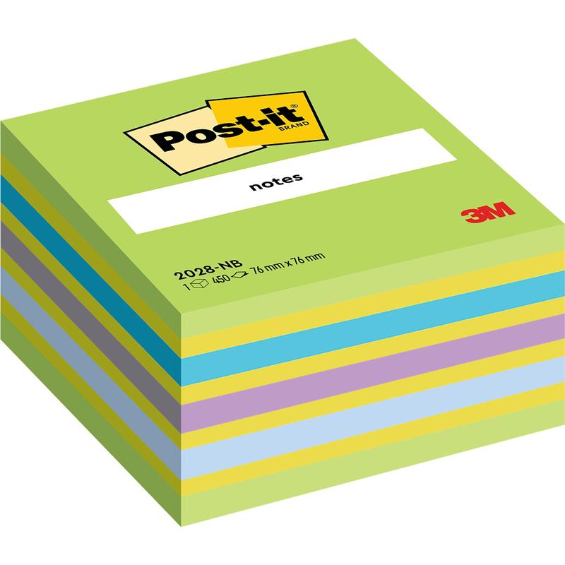 A stack of Post-it® Notes cube, 76 mm x 76 mm, 450 sheets/block from 3M Deutschland GmbH, with alternating blue, yellow, purple, and green sheets. The top sheet displays the yellow Post-it brand sticker with the red 3M logo.