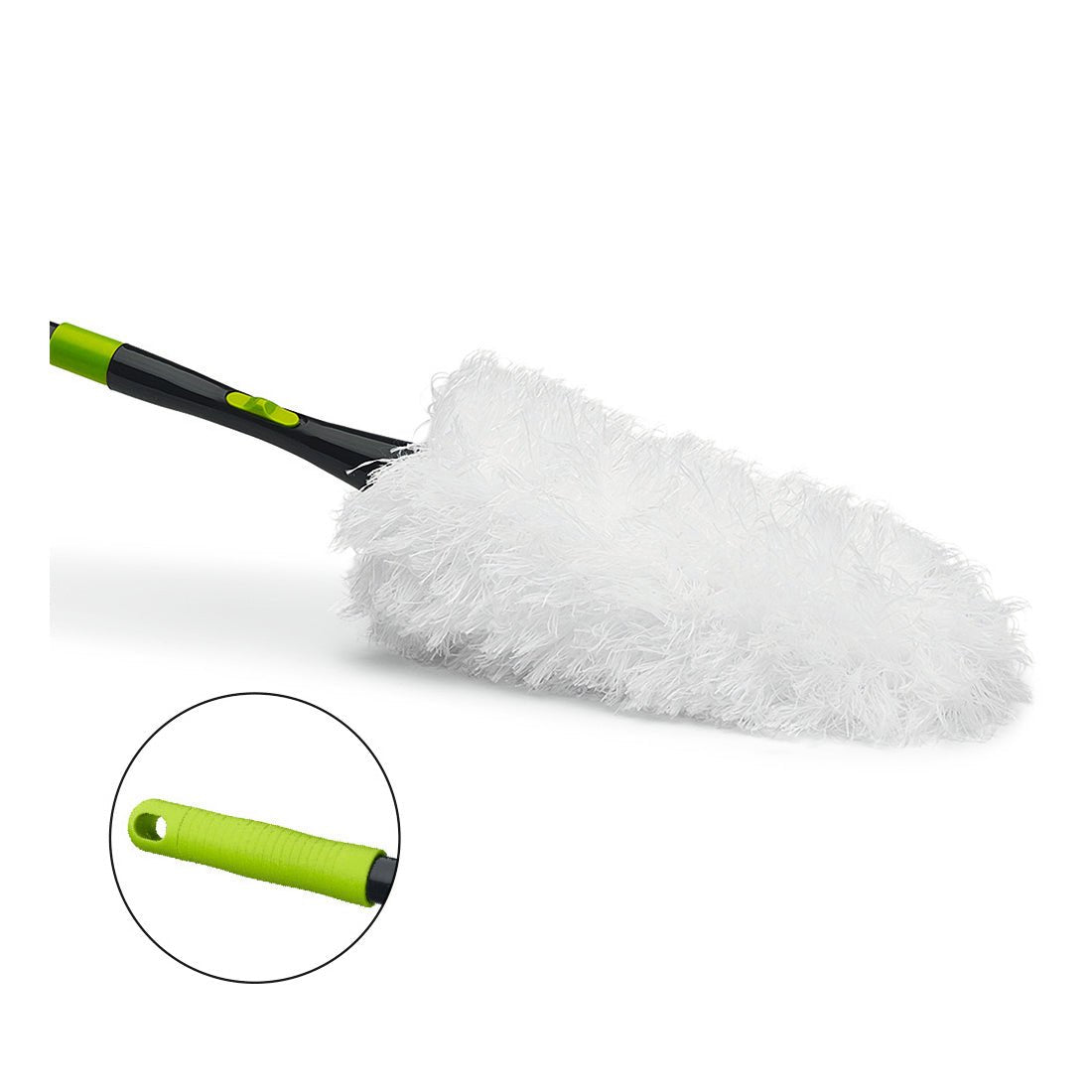 The Nölle Profi Brush microfiber duster with telescopic handle (195 cm) from Nölle Profi Brush Bürsten- & Pinseltechnik e.K. features a fluffy white duster and a green-black handle with a hanging hole - ideal for efficient dusting.