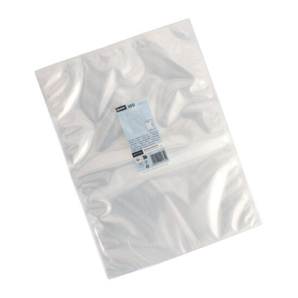 A pack of 100 Starpak vacuum bags (PA/PE transparent) is stacked on a white background. In the center, there is a white and blue label with product details.
