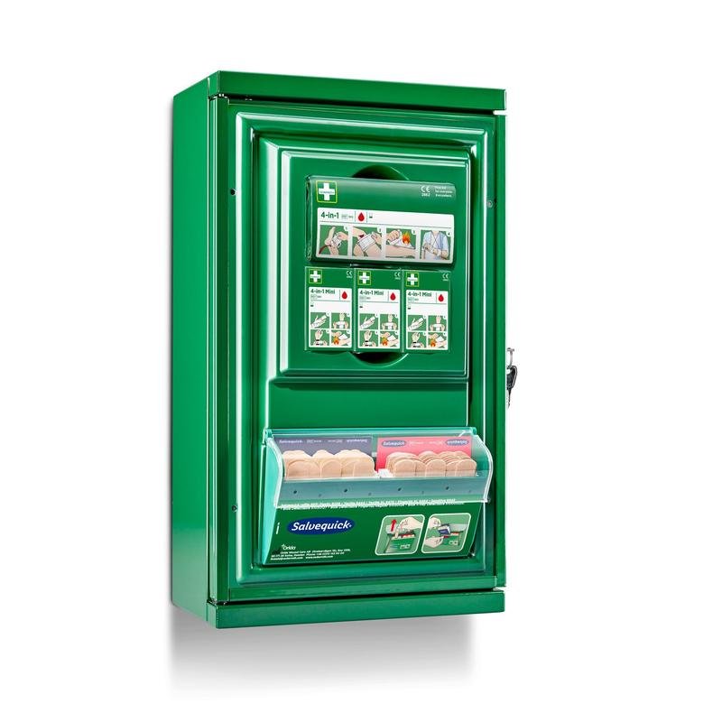 Der Cederroth Erste-Hilfe-Schrank Mini (Metall) von Orkla Wound Care AB verfügt über eine bebilderte Gebrauchsanweisung, ein transparentes Fach mit Verbandsboxen, ist mit Salvequick" beschriftet und verfügt über einen Verschlussmechanismus auf der rechten Seite.
