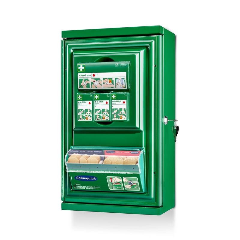 Der grüne Cederroth Erste-Hilfe-Schrank Mini (Metall) von Orkla Wound Care AB (B 260 x H 440 x T 170 mm) verfügt über Vorratsfächer, eine bebilderte Anleitung, eine durchsichtige Salvequick-Verbandstafel und ein rechtsseitiges Schlüsselschloss.