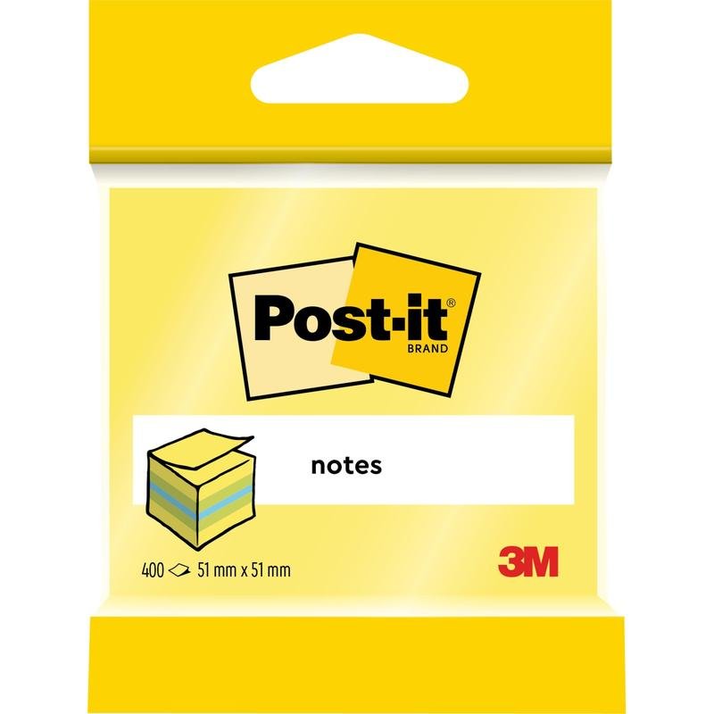 A pack of Post-it® Notes Mini Cubes from 3M Deutschland GmbH, 51 mm x 51 mm, 400 sheets per block, in yellow packaging with the Post-it logo and the image of a stack of notes; labeled on the front with "400", "51 mm x 51 mm" and "notes".