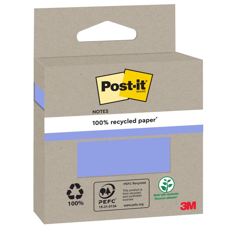 A brown cardboard package of Post-it® Recycling Notes (76x76mm, 100 sheets, 100% PEFC) by 3M Deutschland GmbH is adorned with eco-certificates and a blue section on the front showing the color of the notes.