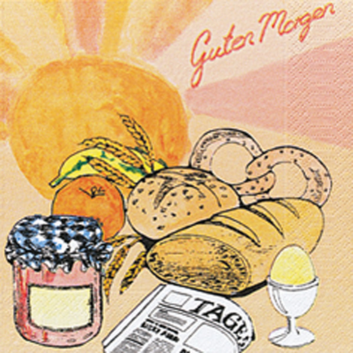 Charming illustration with "Good Morning" in red - ideal for cellulose napkins 33x33 cm, 3-ply, A beautiful day (250 napkins) by Duni GmbH or as an adorable table decoration.