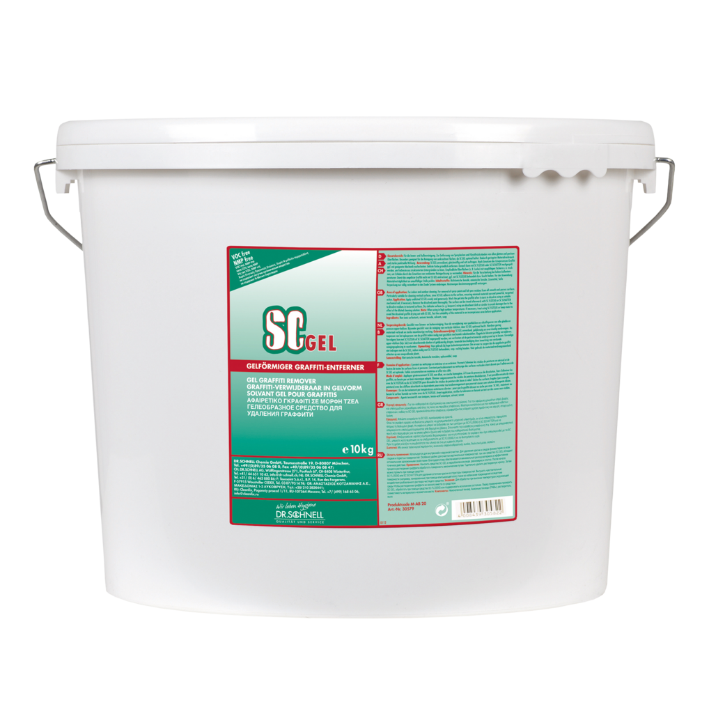 Ein 10 kg schwerer weißer Kunststoffeimer mit Griff und Deckel enthält den Dr. Schnell SC GEL Graffitientferner der DR.SCHNELL GmbH & Co. KGaA, ein professioneller Graffiti-Entferner. Das Etikett zeigt italienischen Text in den Farben grün, rot und weiß.