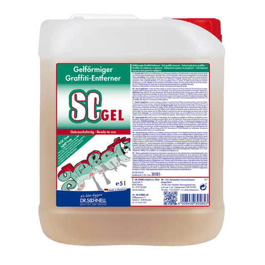 Ein 5L-Gebinde Dr. Schnell SC GEL Graffitientferner der DR.SCHNELL GmbH & Co. KGaA ist mit einem grün-roten Etikett mit Anwendungshinweisen und Graffiti-Grafik versehen - ideal für die effektive Graffitientfernung.