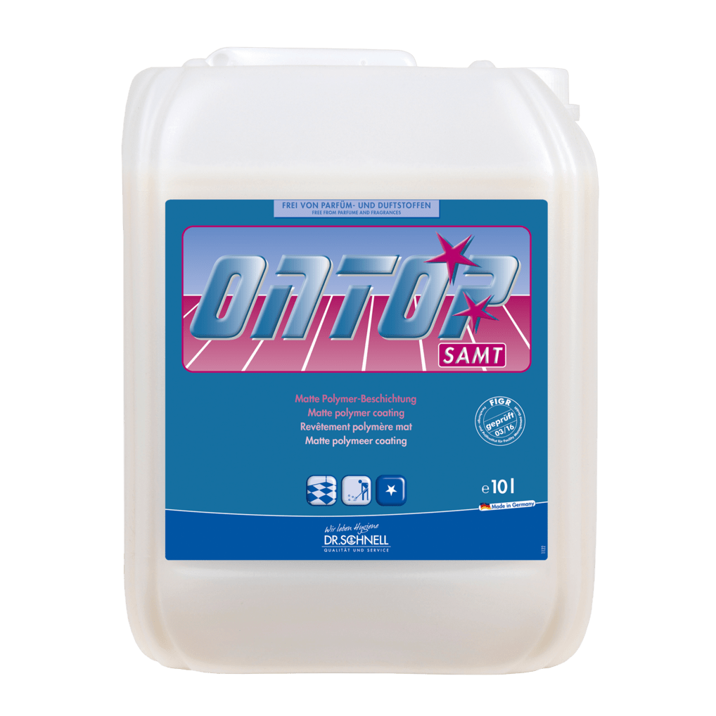 A 10-liter canister Dr. Schnell ONTOP VELVET Matte Coating for building cleaning, floors, high-traffic areas by DR.SCHNELL GmbH & Co. KGaA, with blue and pink labeling and product information on a light background.
