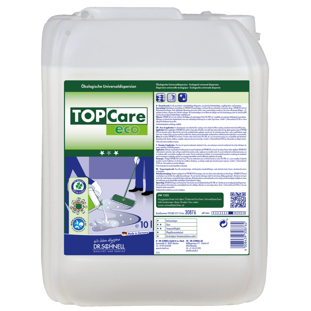 A 10 L plastic canister of the Dr. Schnell TOPCARE ECO Universal Dispersion for ecological building cleaning by DR.SCHNELL GmbH & Co. KGaA carries a green-white label with multilingual instructions, images, and product information.