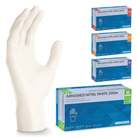 A white ARNOMED NITRIL WHITE 200 nitrile glove from ARNOWA GmbH is displayed next to four boxes in various sizes—small, medium, large, and extra-large—each with a different-colored label.