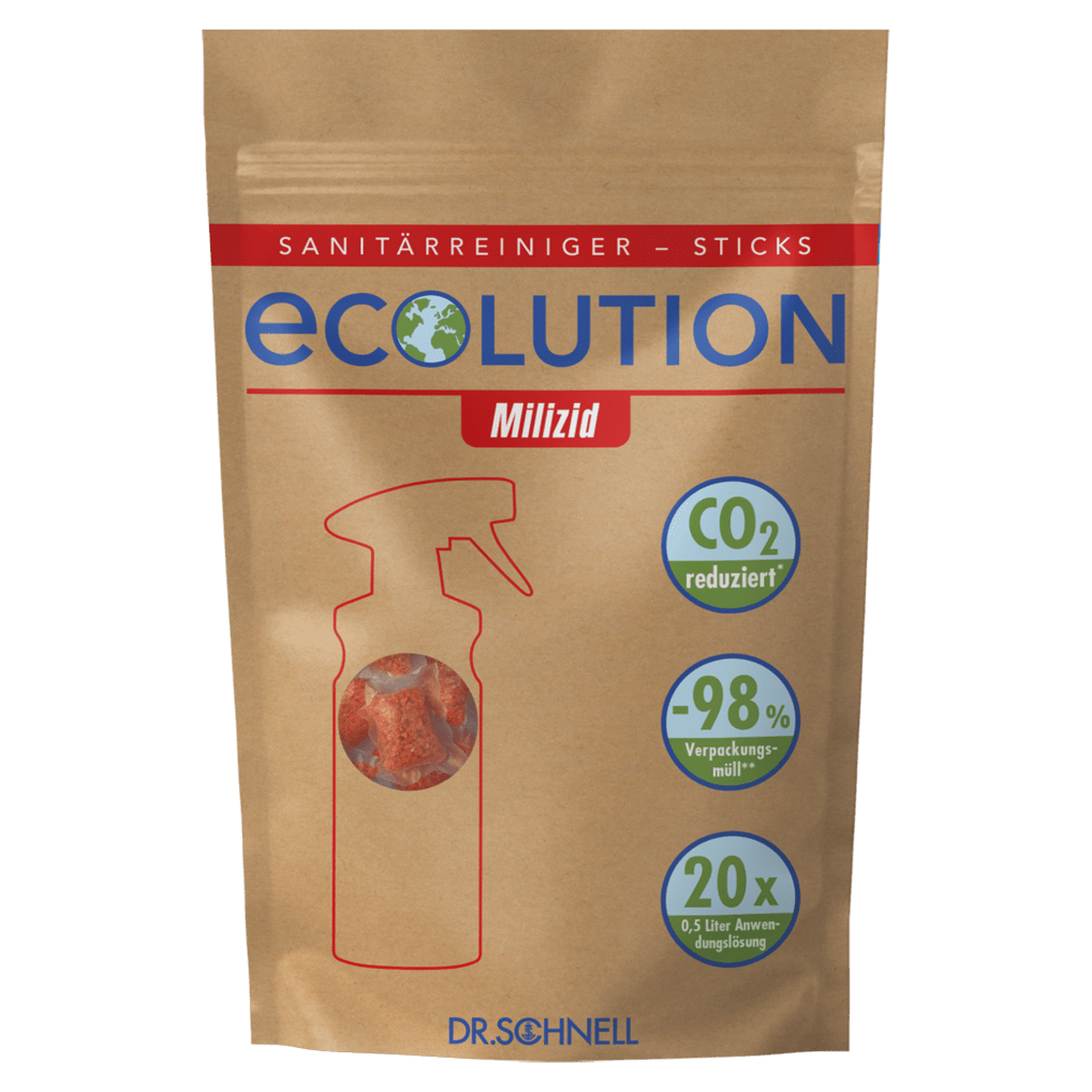 A brown resealable pouch with the inscription "Dr. Schnell ECOLUTION Milizid Sticks, powdered sanitary cleaner/lime remover (60 g)" from DR.SCHNELL GmbH & Co. KGaA displays icons: "CO2 reduced!", "-98% packaging waste", "20x 0.5L application solution" and a red spray bottle outline.