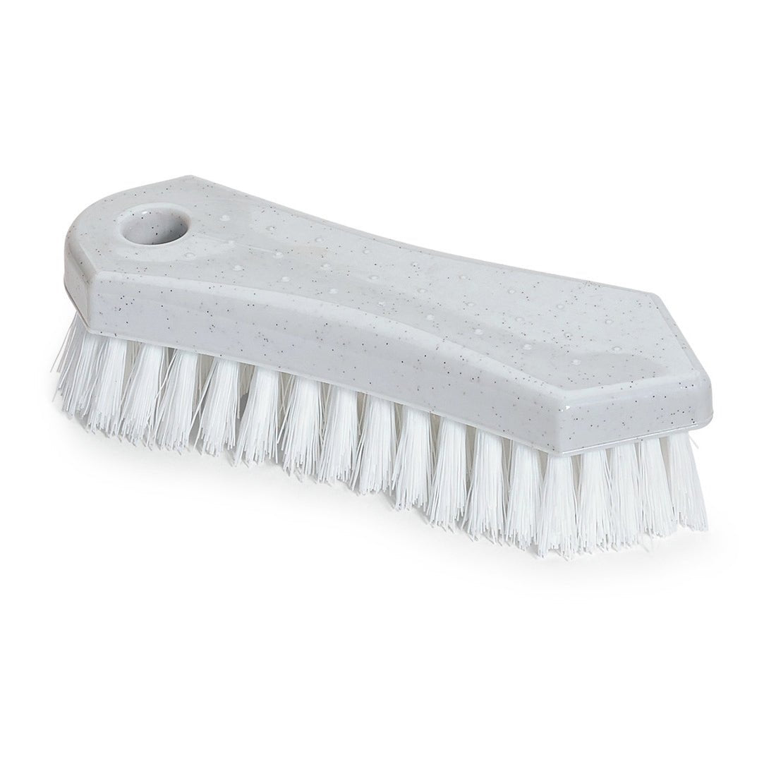 Die Nölle Profi Brush Allzweckbürste 18 cm von Nölle Profi Brush Bürsten- & Pinseltechnik e.K. verfügt über harte PP-Borsten und ein Stielloch, ideal für die Reinigung, hier in grauem Kunststoff auf weißem Grund.