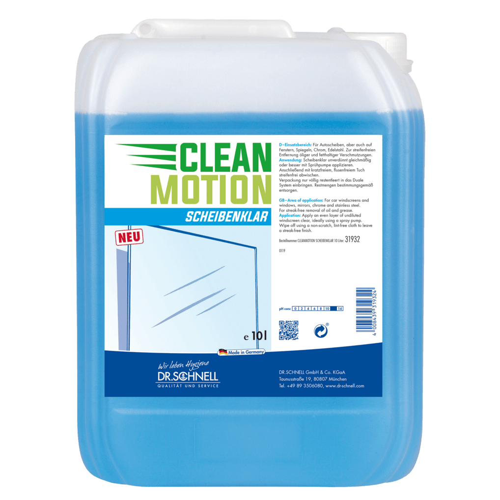 Ein 10-Liter-Kunststoffbehälter von Dr. Schnell CLEANMOTION SCHEIBENKLAR der DR.SCHNELL GmbH & Co. KGaA, mit Produktinfo und einer Windschutzscheibengrafik auf dem Etikett - idealer Glasreiniger für die streifenfreie Reinigung.