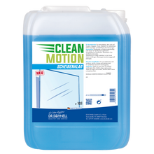 Ein 10-Liter-Kunststoffbehälter von Dr. Schnell CLEANMOTION SCHEIBENKLAR der DR.SCHNELL GmbH & Co. KGaA, mit Produktinfo und einer Windschutzscheibengrafik auf dem Etikett - idealer Glasreiniger für die streifenfreie Reinigung.