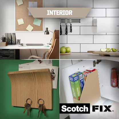 A collage shows four indoor spaces - a study with a corkboard, a kitchen wall with mounted knives, a key holder, and a pantry organizer - each equipped with Scotch-FIX™ Double-Sided Indoor Mounting Squares 4496-ST16-P from 3M Germany GmbH. Logo visible.