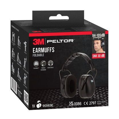 Eine Schachtel 3M™ Kapselgehörschützer mit faltbarem Kopfbügel 90563E, Schwarz (1 Stück) von 3M Deutschland GmbH zeigt das Produktbild, Markenlogo und Features wie gepolsterter Kopfbügel, verstellbare Passform, SNR-Wert 30 dB und Schutz bis 105 dB.