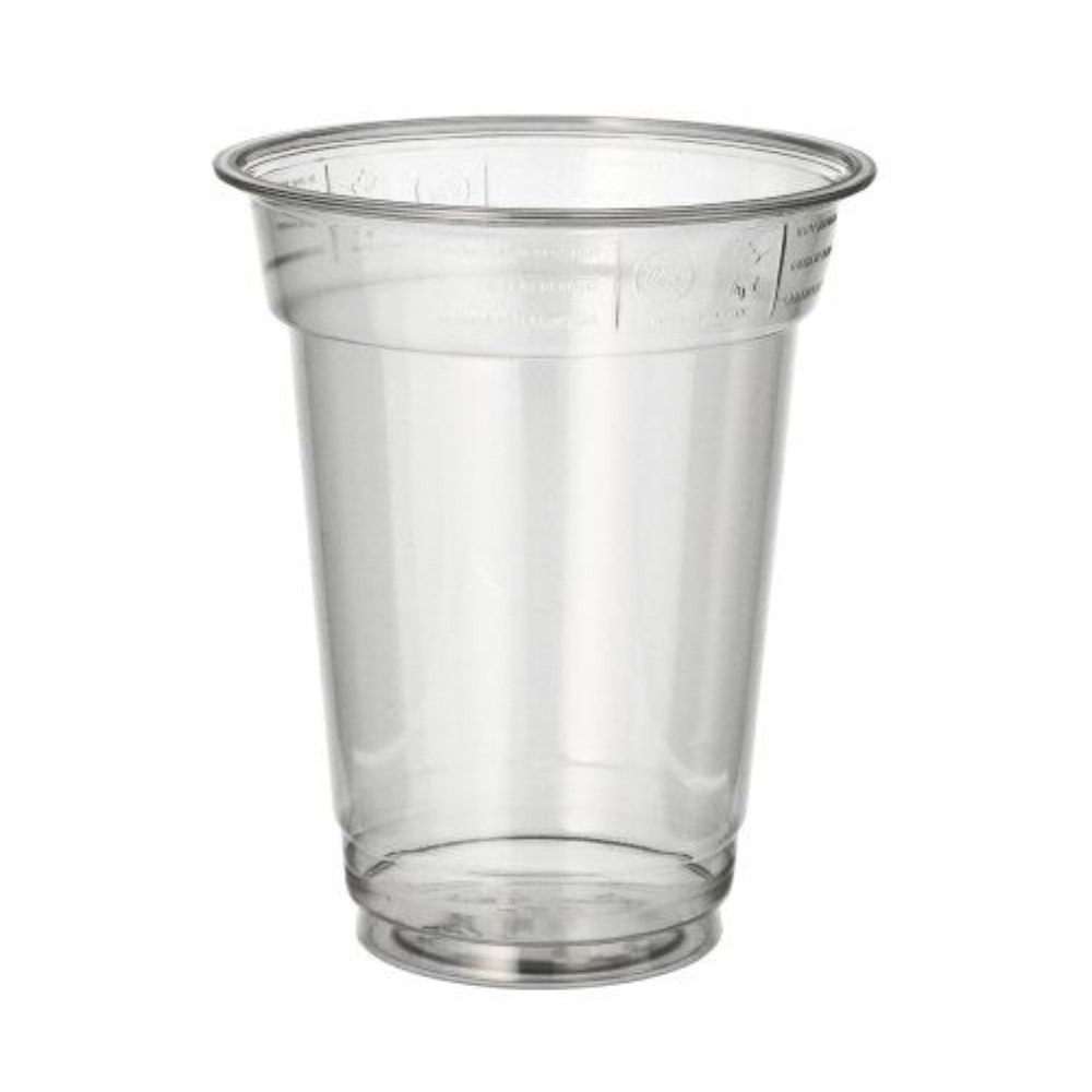 The Starpak plastic cup (PET) "Hurricane" 0.3 l is presented on a white background, showing its clear design with a slightly flared rim and measurement markings on the edge. The cup appears empty.