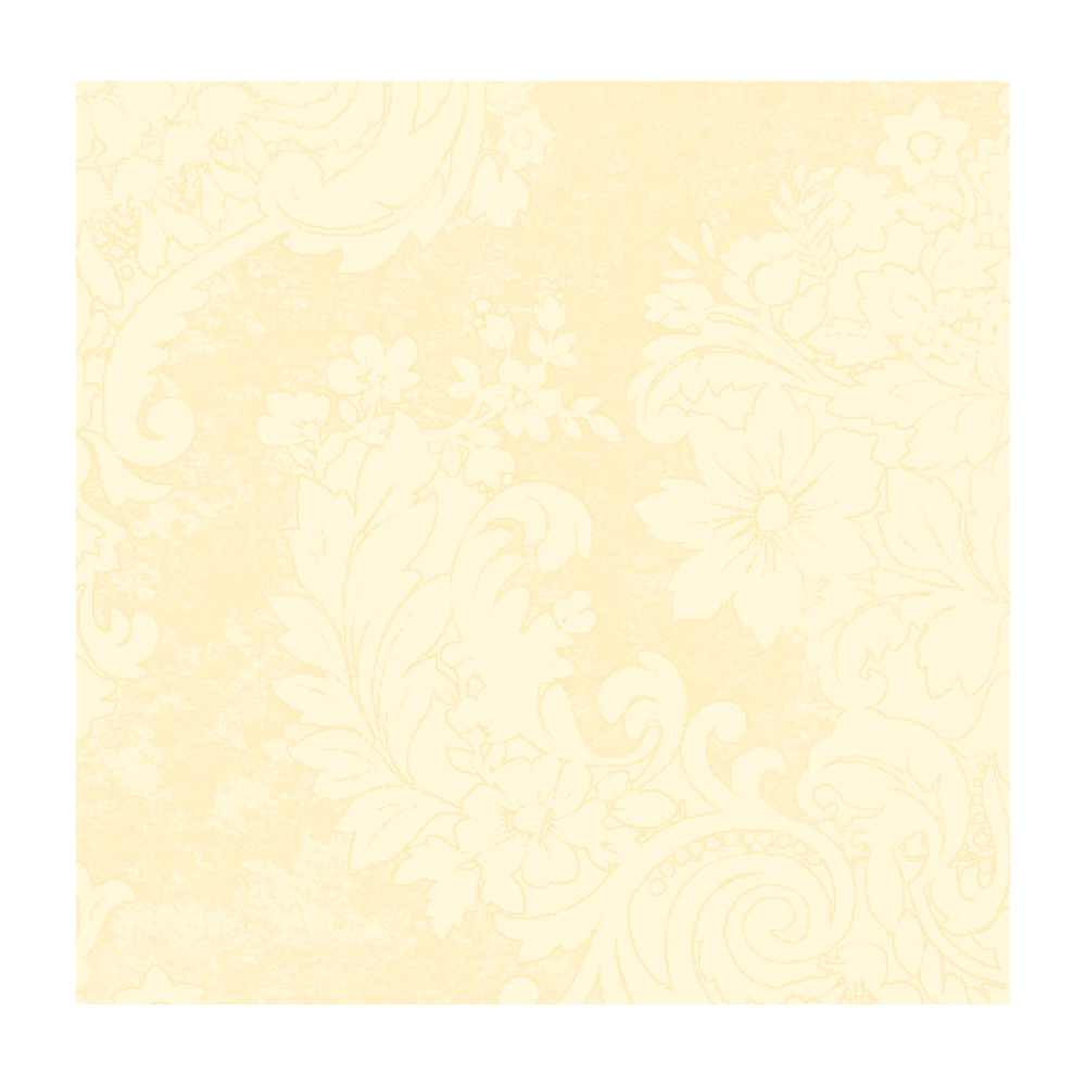 A square-patterned Dunilin® napkin in the size 40 x 40 cm from Duni GmbH shows a light yellow background with intricate floral and leaf designs in a slightly darker shade of yellow, offering a subtly decorative effect, ideal for elegant disposable napkins for festive occasions.