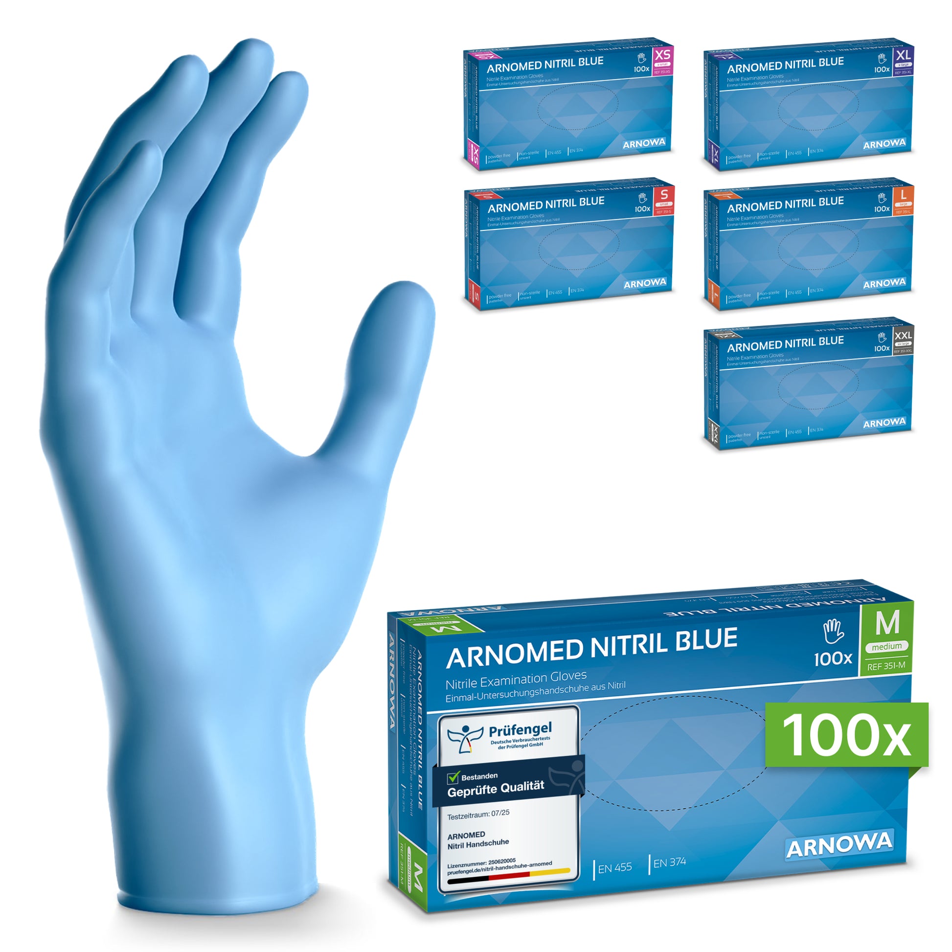 Links ist ein blauer ARNOMED NITRIL BLUE Reißfeste Einmalhandschuh der ARNOWA GmbH hochkant abgebildet. Rechts sind sechs Schachteln dieser latexfreien Handschuhe in verschiedenen Größen abgebildet, davor eine Schachtel "100x" Größe M.