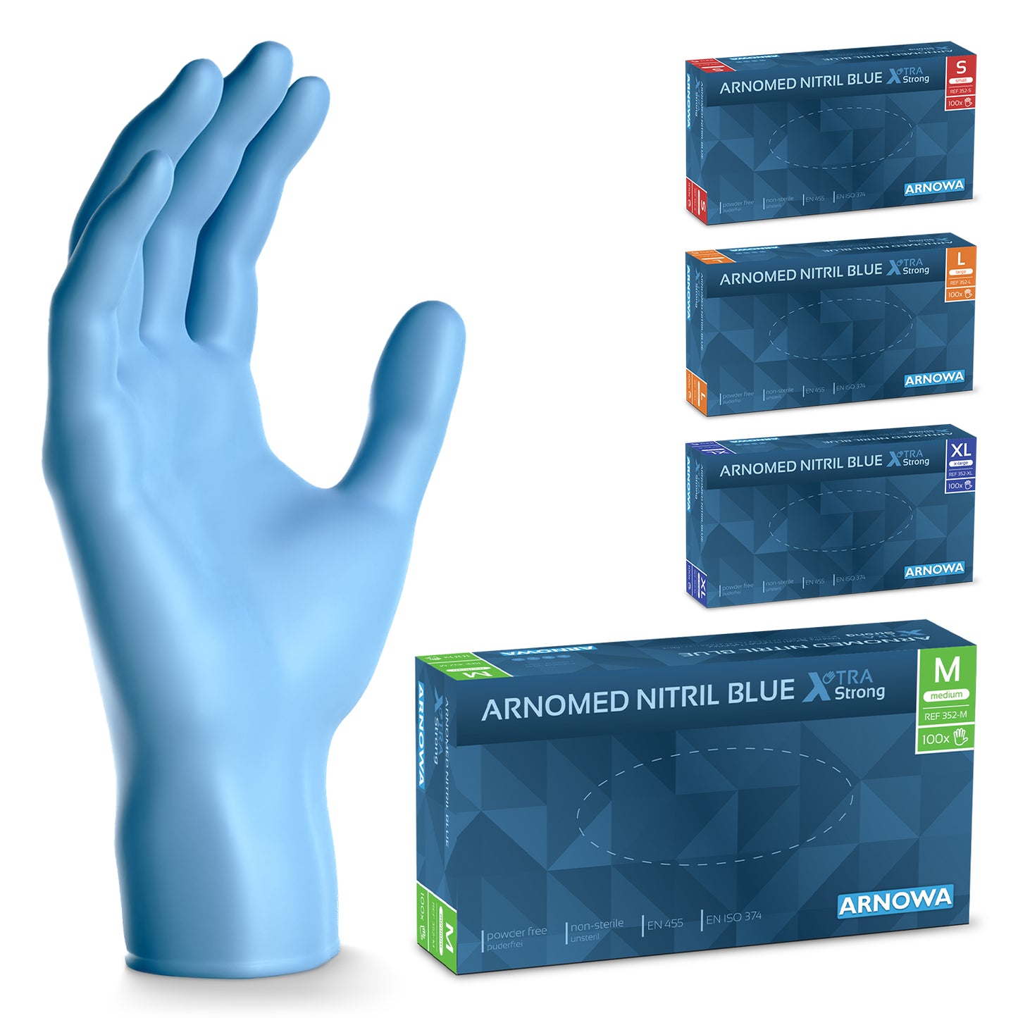 A blue ARNOMED NITRIL BLUE XTRA STRONG disposable glove from ARNOWA GmbH stands upright next to four blue, color-coded boxes containing extra-thick nitrile gloves in sizes S through XL.