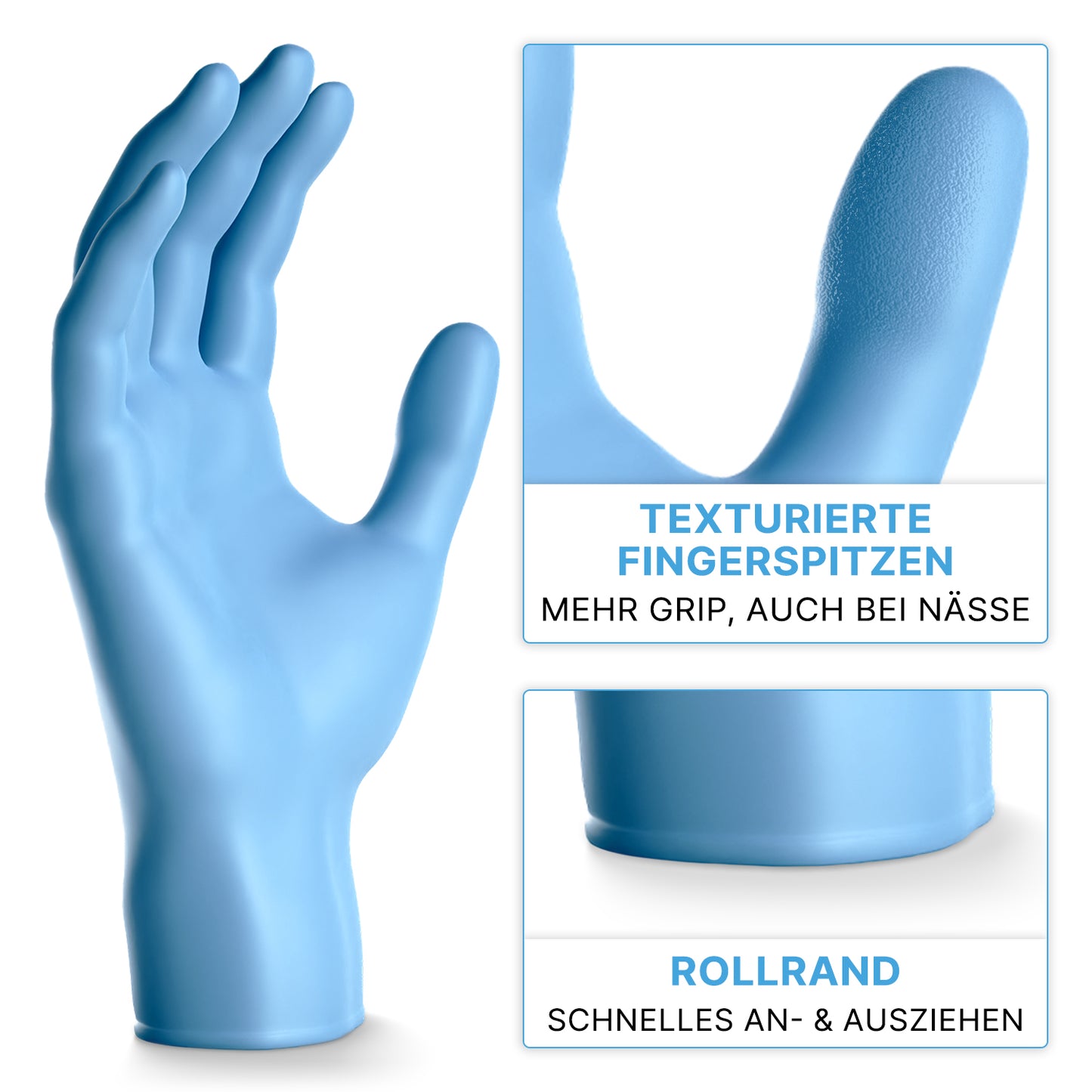 The ARNOMED NITRIL BLUE XTRA STRONG disposable glove from ARNOWA GmbH is shown, with close-ups of its textured fingertips for a better grip and a rolled cuff for easy donning and doffing. German text explains the features.